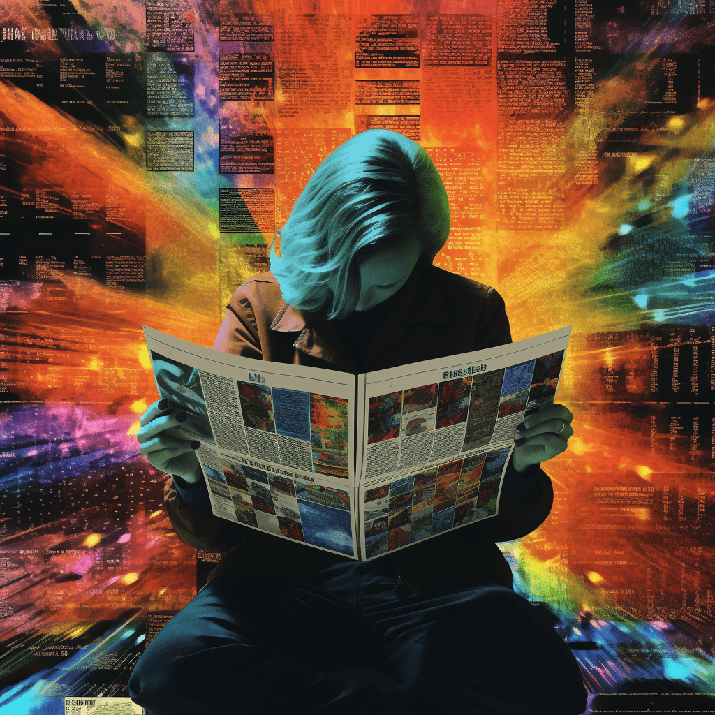 A person with blue-green hair sits and reads a newspaper against a vibrant, abstract background of fiery and cool colors, suggesting an intense engagement with information in a digital atmosphere.