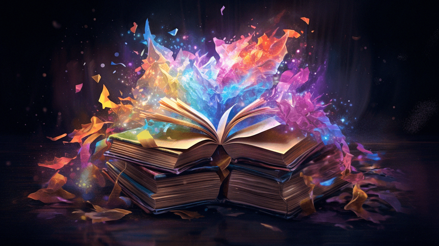 An open book on a stack of books with vibrant, colorful light and energy bursting from its pages, creating a magical, ethereal effect against a dark background.